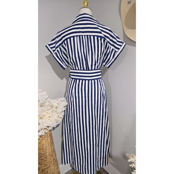 Zara Navy White Striped Linen Blend  Belted Midi Dress - Picture 4 of 9